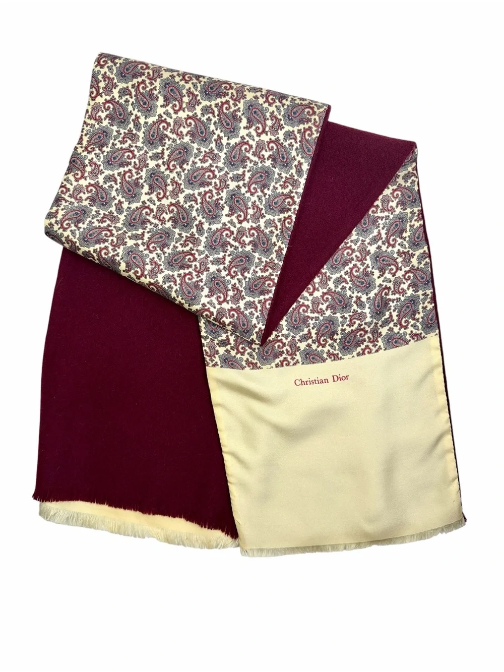 Christian Dior Men’s  Doubled Scarf Silk Wool Burgundy Cream Paisley
